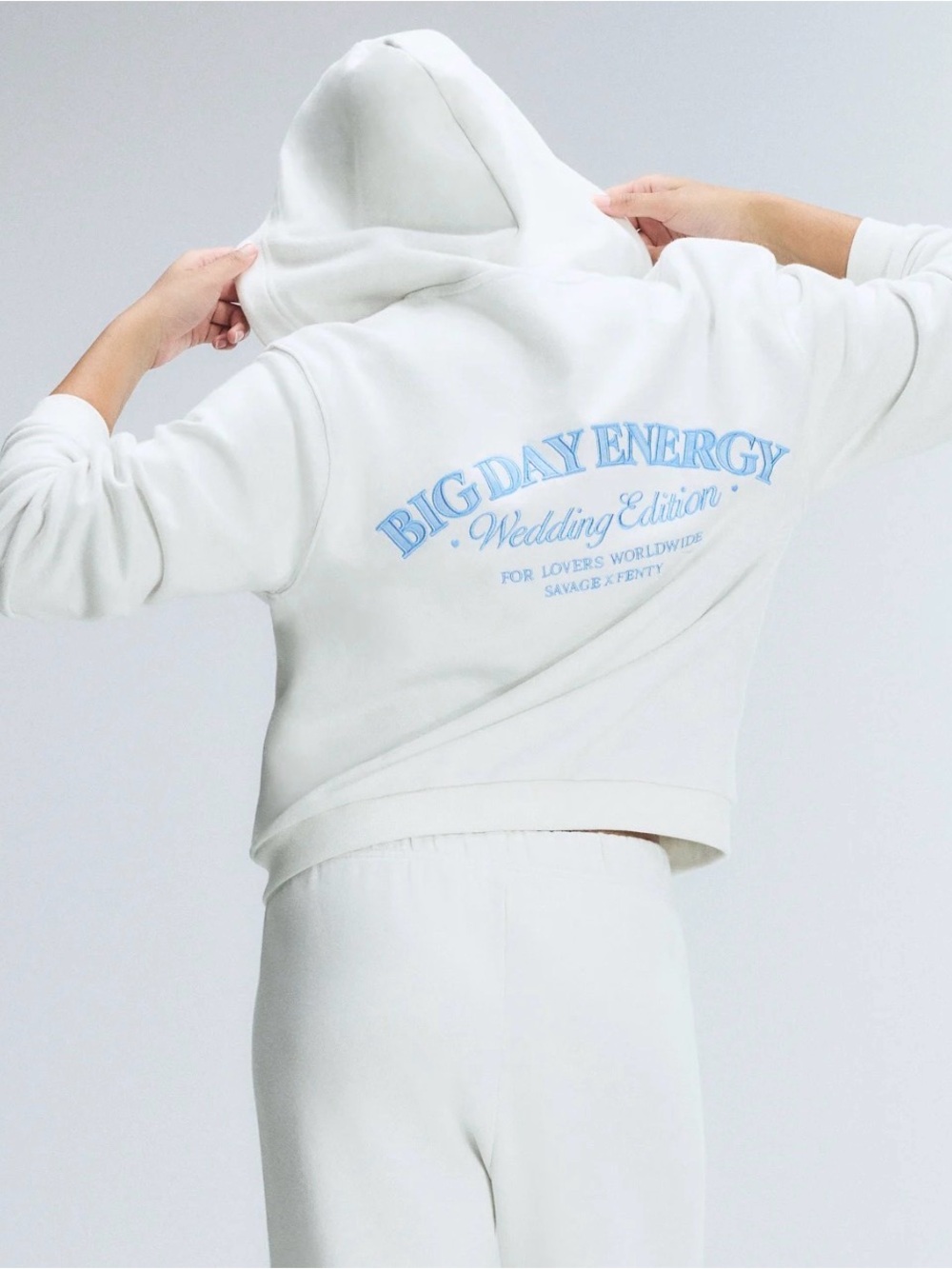 Savage X Fenty Cream Big Day Energy Sweatpants & Hoodie Set with Light Blue Logo